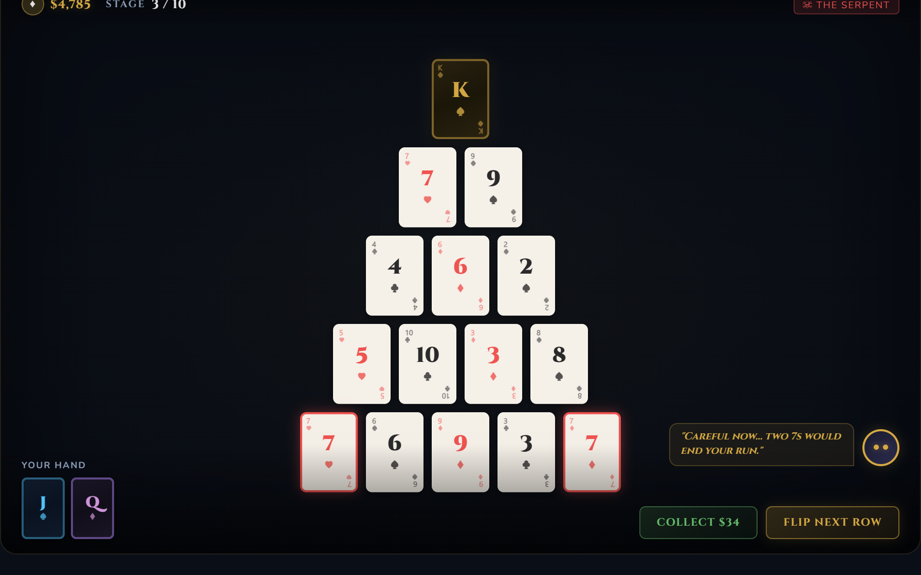 Tower's Gambit gameplay — pyramid of cards with bust